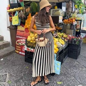 ZARA Sleeveless Striped Midi Dress Black Off-White Size S